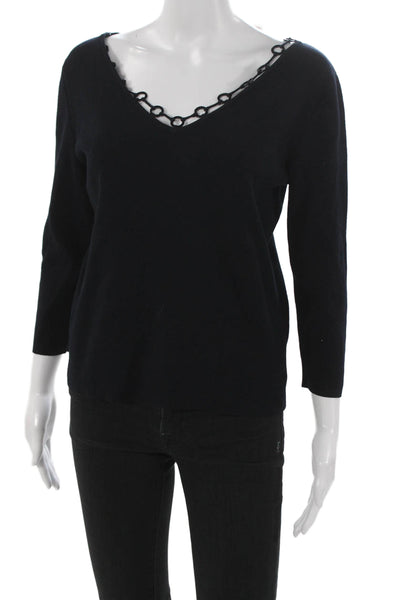 Dana Buchman Womens Pullover Sweater Black Rayon V-Neck 3/4 Sleeve Size L