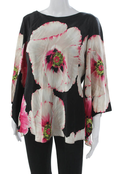Dana Buchman Womens Tunic Blouse Black Silk Boat Neck 3/4 Sleeve Size 10