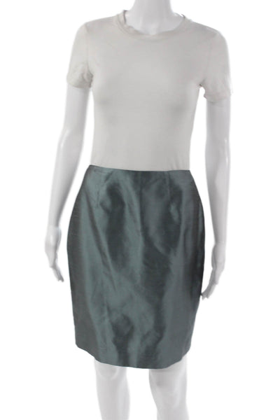 Dana Buchman Women Pencil Silk Skirt Green Zip Solid Petite Size 8