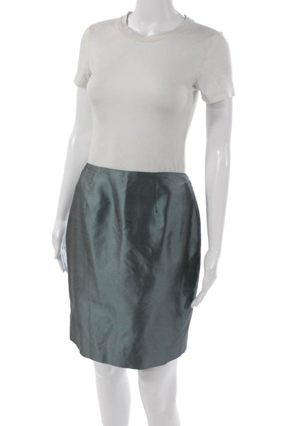 Dana Buchman Women Pencil Silk Skirt Green Zip Solid Petite Size 8