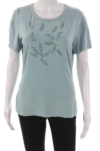 St. John Womens Floral Viscose T-Shirt Blue Short Sleeve Round Neck Size M