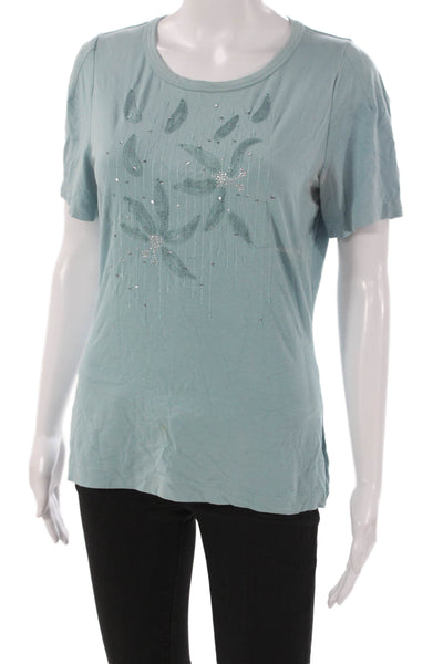 St. John Womens Floral Viscose T-Shirt Blue Short Sleeve Round Neck Size M