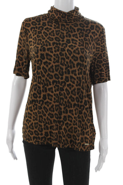 Michael Michael Kors Women Animal Print Cowl Neck Tee Brown Viscose Size L