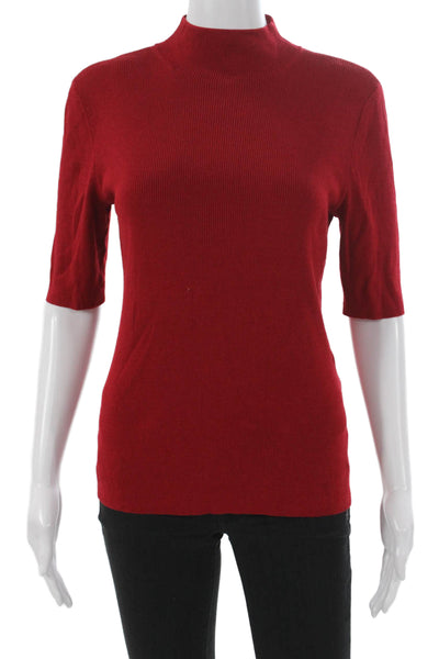St. John Women Red Wool Mock Neck 3/4 Sleeve Basic Blouse Size M