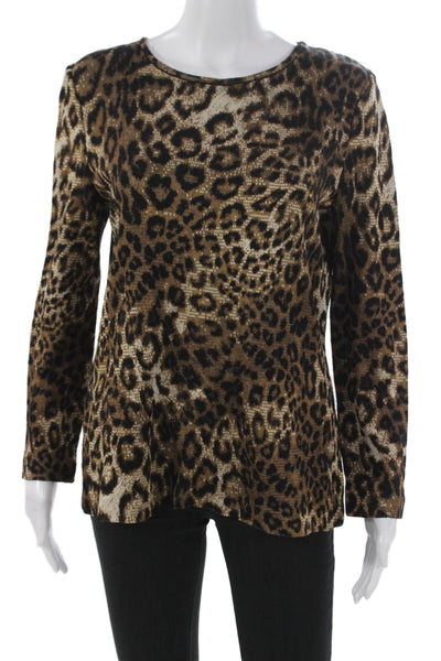 St. John Women Knit Pullover Animal Print Brown Long Sleeve Crew Neck Size M