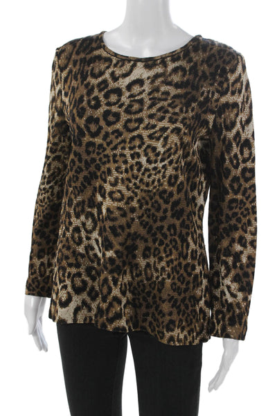 St. John Women Knit Pullover Animal Print Brown Long Sleeve Crew Neck Size M