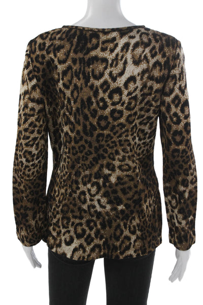St. John Women Knit Pullover Animal Print Brown Long Sleeve Crew Neck Size M