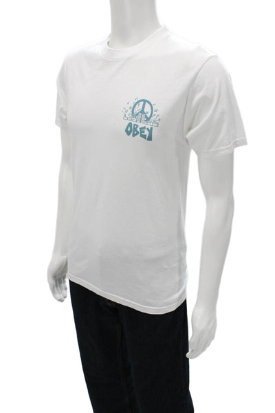 Obey Mens White Peace Graphic Cotton Crew Neck Short Sleeve T-Shirt Size S
