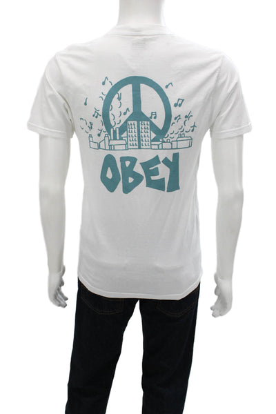 Obey Mens White Peace Graphic Cotton Crew Neck Short Sleeve T-Shirt Size S