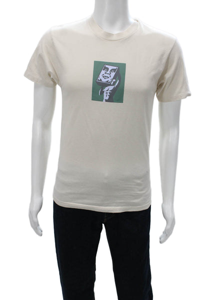 Obey Men Beige Graphic Cotton Crew Neck Short Sleeve T-Shirt Size S