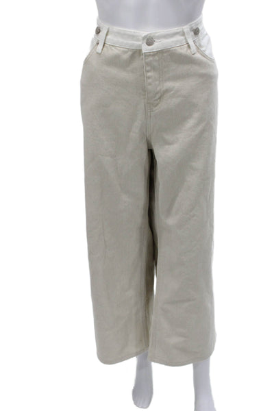 The Frankie Shop Women Cropped Beige High Rise Cotton Button Pants Size XL