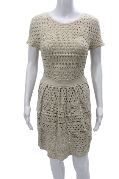 Tibi Womens Sweater Dress Beige Cotton Short Sleeve Round Neck Boho Size S