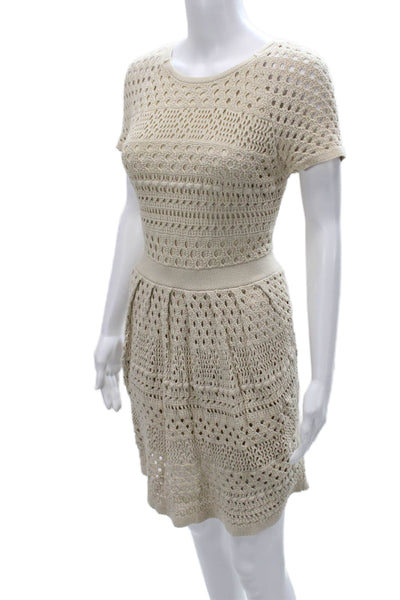 Tibi Womens Sweater Dress Beige Cotton Short Sleeve Round Neck Boho Size S
