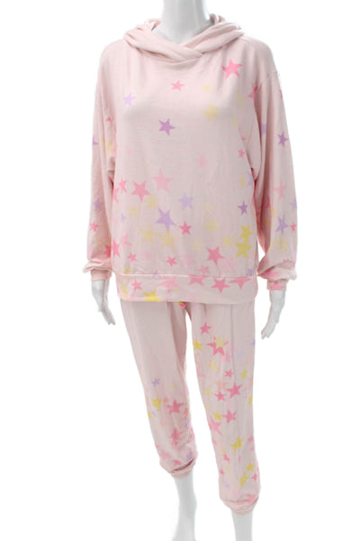 PJ Salvage Womens Star Print Hooded Long Sleeve Pajama Set Pink Size S