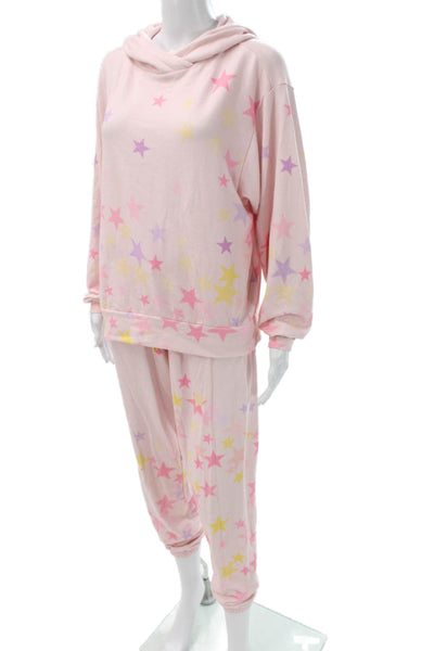 PJ Salvage Womens Star Print Hooded Long Sleeve Pajama Set Pink Size S