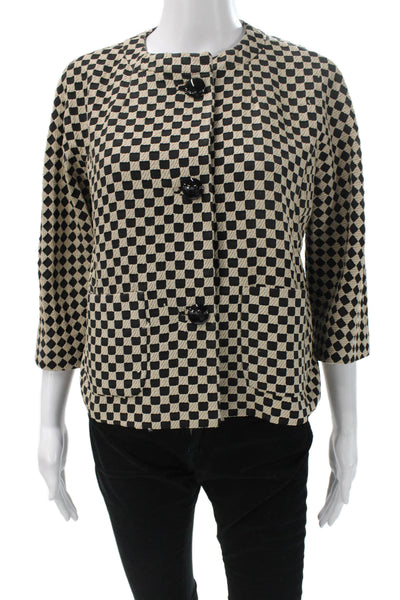 Etro Women Basic Jacket Black Wool Check Button 3/4 Sleeve Size S