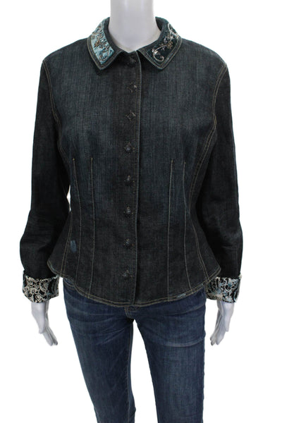 Elie Tahari Women Basic Denim Button Long Sleeve Jacket Blue Size S