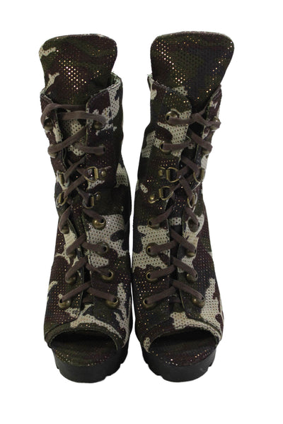 Jean Michel Cazabat Womens Lace Up Stiletto Camouflage Booties Green Size 38
