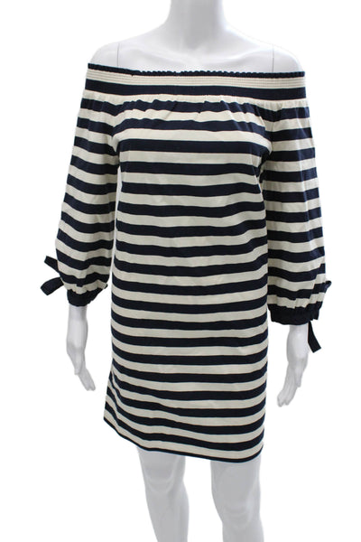 J Crew Women Off Shoulder Striped Cotton Shift Dress Blue Long Sleeve Size M