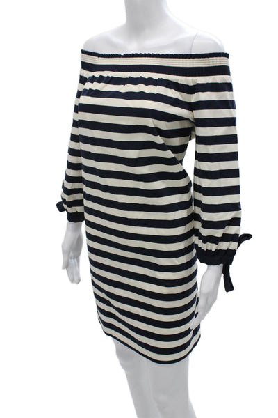 J Crew Women Off Shoulder Striped Cotton Shift Dress Blue Long Sleeve Size M