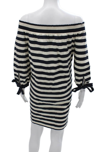 J Crew Women Off Shoulder Striped Cotton Shift Dress Blue Long Sleeve Size M