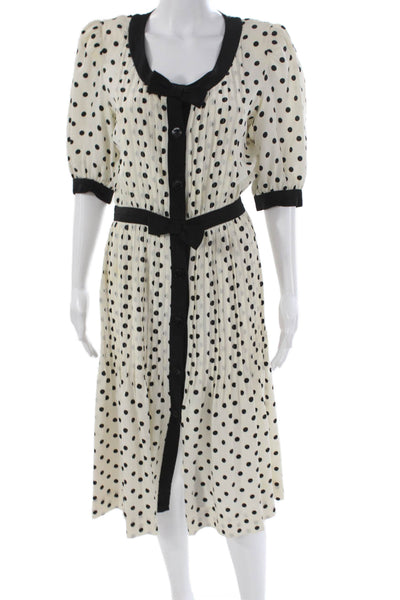 Albert Nipon Women Ivory Silk Polka Dot Shirt Dress Scoop Neck Size 8
