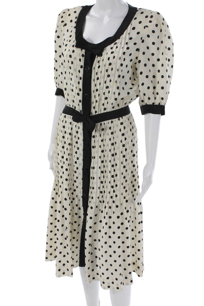 Albert Nipon Women Ivory Silk Polka Dot Shirt Dress Scoop Neck Size 8