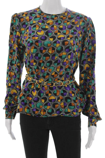 Adolfo Women Silk Abstract Long Sleeve Shirt Size S