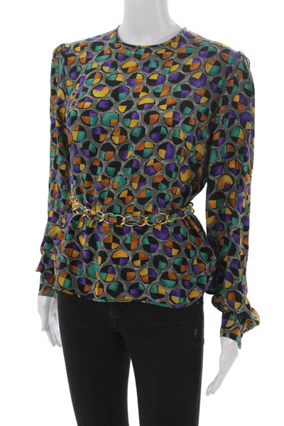 Adolfo Women Silk Abstract Long Sleeve Shirt Size S