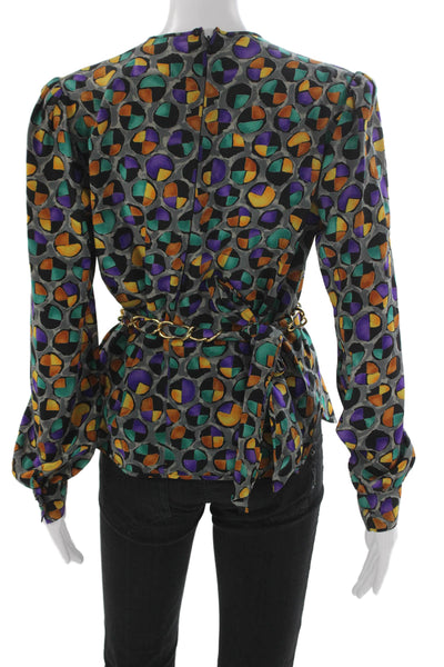 Adolfo Women Silk Abstract Long Sleeve Shirt Size S