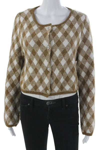 Zara Women Cardigan Brown Argyle Round Neck Long Sleeve Size S