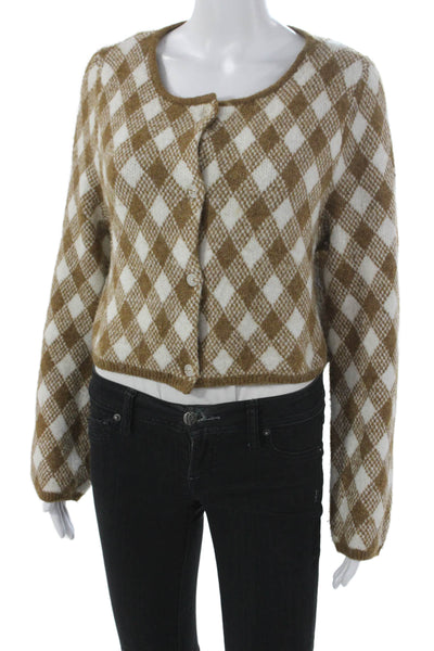 Zara Women Cardigan Brown Argyle Round Neck Long Sleeve Size S