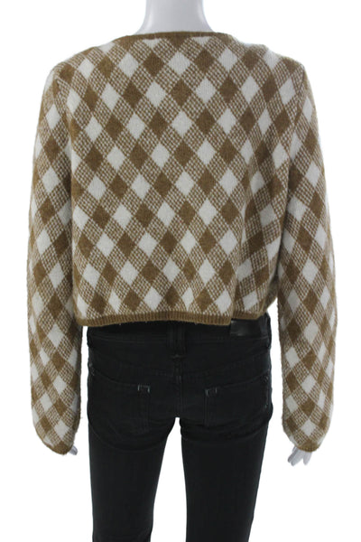 Zara Women Cardigan Brown Argyle Round Neck Long Sleeve Size S