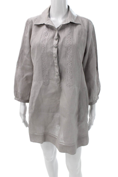 Gerard Darel Women Shirt Dress Gray Linen 3/4 Sleeve Collared Button Size 38