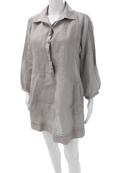 Gerard Darel Women Shirt Dress Gray Linen 3/4 Sleeve Collared Button Size 38
