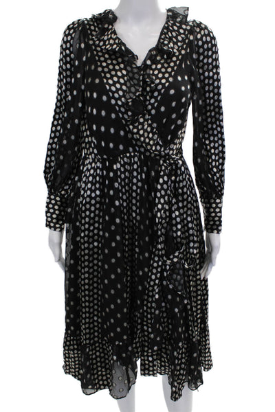 Zimmermann Women Wrap Dress Black Silk Polka Dot V-Neck Long Sleeve Midi Size S