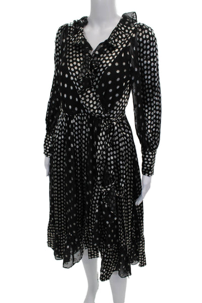 Zimmermann Women Wrap Dress Black Silk Polka Dot V-Neck Long Sleeve Midi Size S