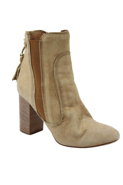 Aquazzura Womens Suede Tassel Back Stretch Inset Ankle Boots Beige Size 36 6