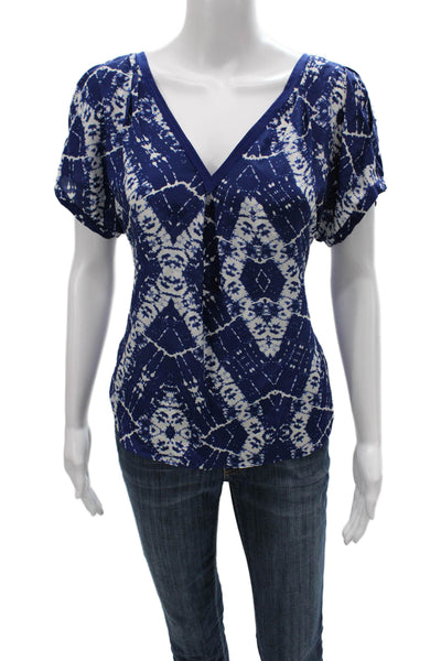 Rebecca Taylor Womens Silk Geometric V-Neck Short Sleeve Blouse Blue Size 4