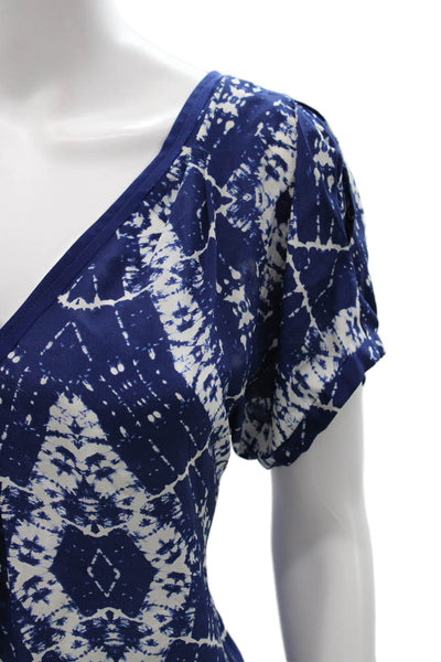 Rebecca Taylor Womens Silk Geometric V-Neck Short Sleeve Blouse Blue Size 4