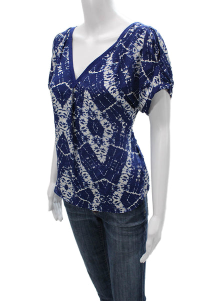 Rebecca Taylor Womens Silk Geometric V-Neck Short Sleeve Blouse Blue Size 4