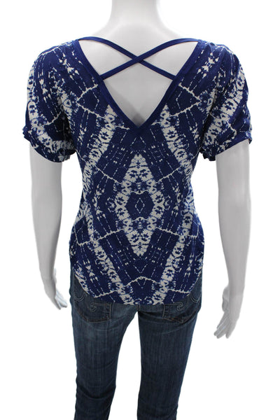 Rebecca Taylor Womens Silk Geometric V-Neck Short Sleeve Blouse Blue Size 4