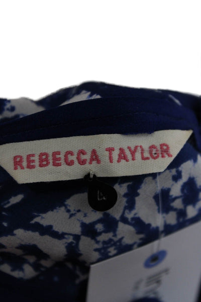 Rebecca Taylor Womens Silk Geometric V-Neck Short Sleeve Blouse Blue Size 4