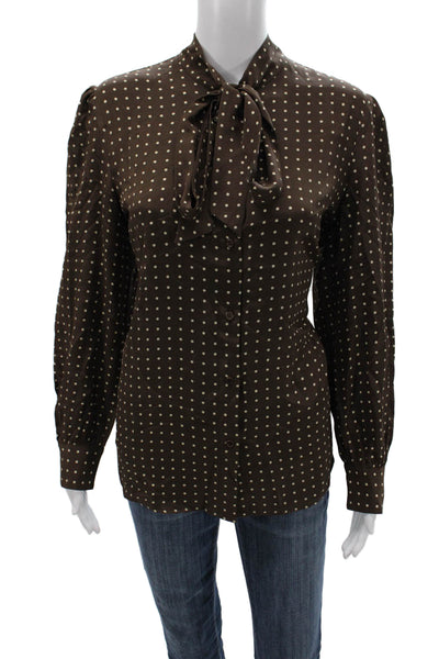 Nili Lotan Women Brown Silk Polka Dot Collared Long Sleeve Basic Blouse Size L