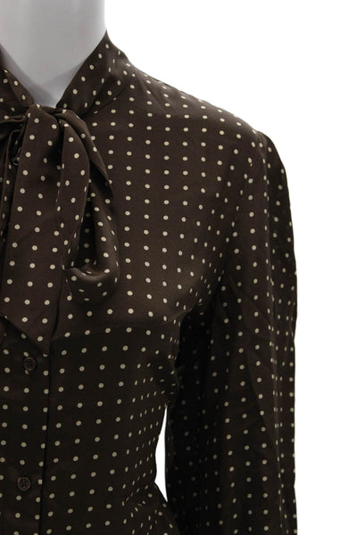 Nili Lotan Women Brown Silk Polka Dot Collared Long Sleeve Basic Blouse Size L