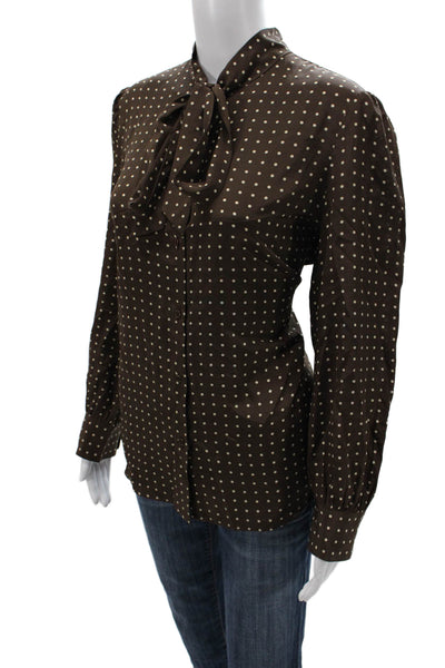 Nili Lotan Women Brown Silk Polka Dot Collared Long Sleeve Basic Blouse Size L