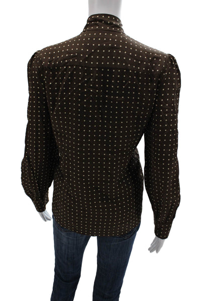 Nili Lotan Women Brown Silk Polka Dot Collared Long Sleeve Basic Blouse Size L