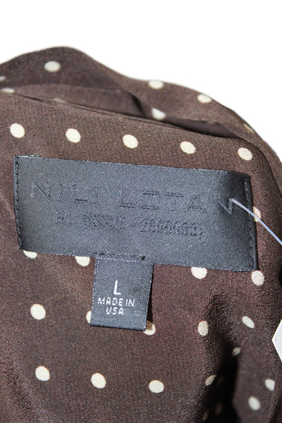 Nili Lotan Women Brown Silk Polka Dot Collared Long Sleeve Basic Blouse Size L