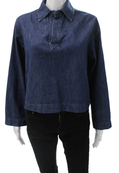 AG Adriano Goldschmied Womens Cropped Blue Cotton Blouse Long Sleeve Size XS