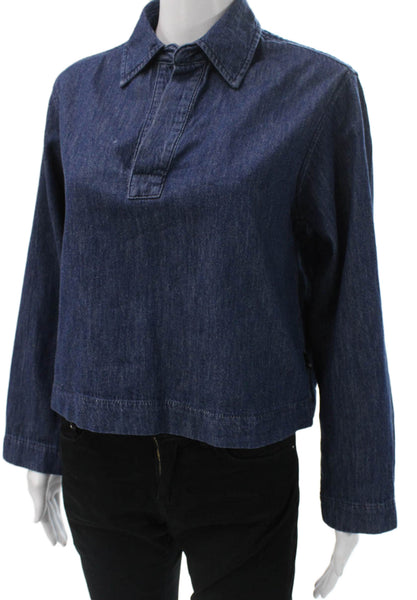 AG Adriano Goldschmied Womens Cropped Blue Cotton Blouse Long Sleeve Size XS